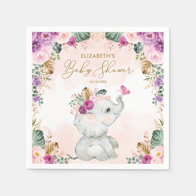 Lila Blush Floral Elephant Girl Babydusche Serviette (Vorderseite)