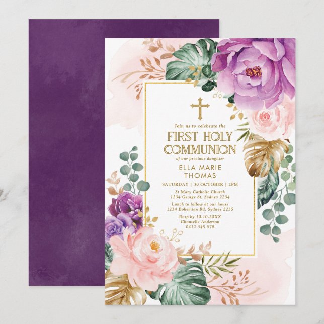 Lila Blush-Gold-Bohemisch-Floral Erste Kommune Einladung (Vorne/Hinten)