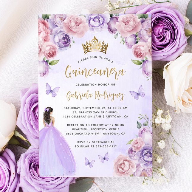 Lila Blush Gold Floral Aquarell Quinceñera Einladung (Von Creator hochgeladen)