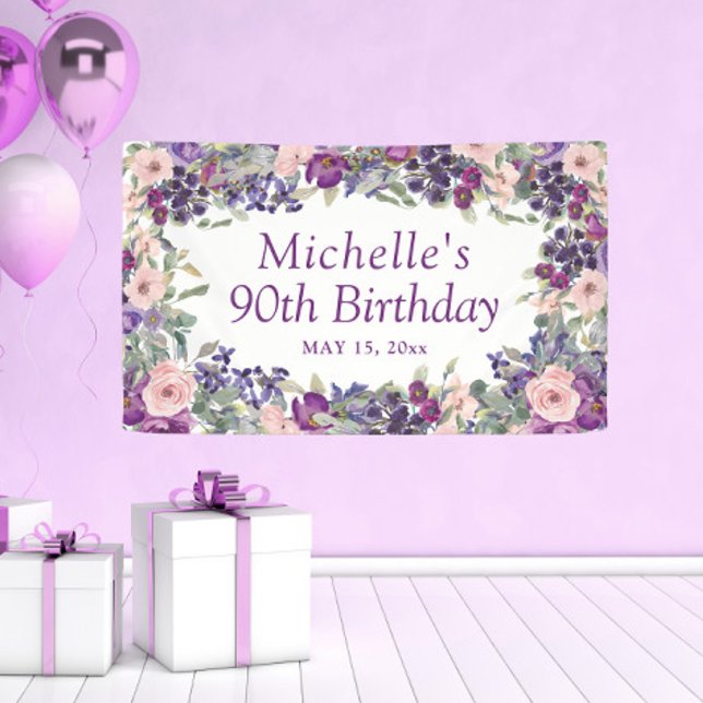 Lila Blush Pink Blumenfoliage 90. Geburtstag Banner (Purple and blush pink watercolor floral 90th birthday party banner)