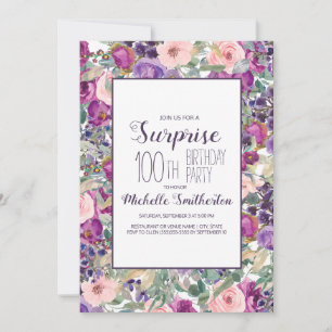 Lila Blush Pink Floral Blätter 100. Geburtstag Einladung