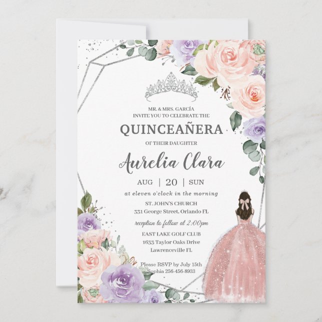 Lila Blush Rose Dress Silver Quinceañera Einladung (Vorderseite)