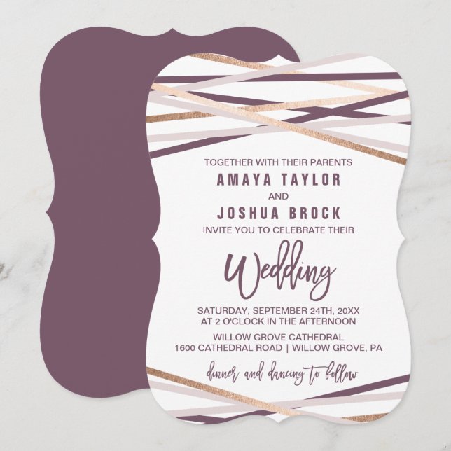 Lila Blush & Rose Gold Streamers Hochzeit Einladung (Vorne/Hinten)
