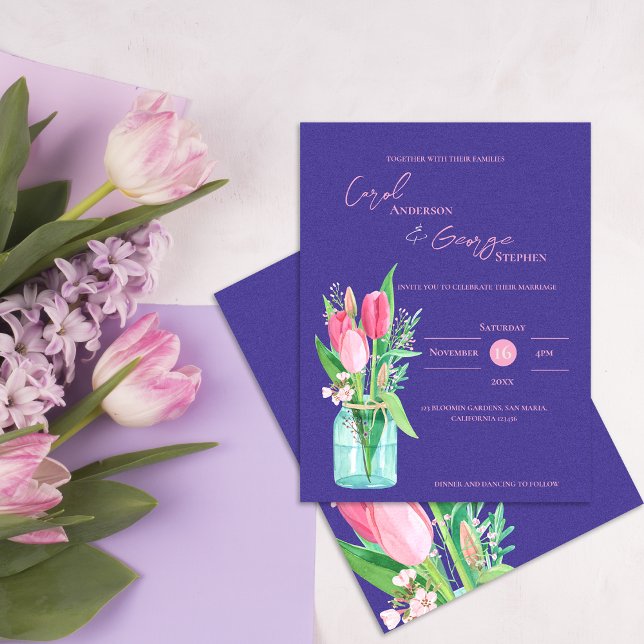 Lila & blush Tulip Mason Jar Wedding Einladung Postkarte (Purple & Blush Tulip Mason Jar Wedding Invitation Postcard)
