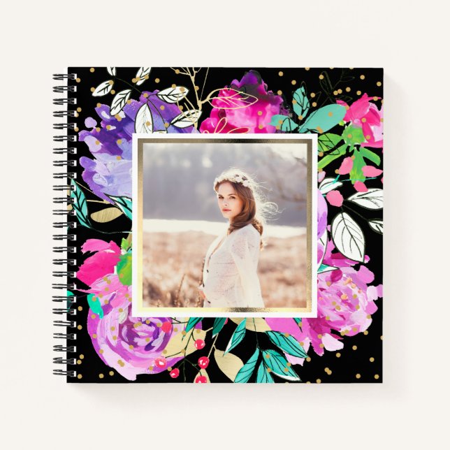 Lila Blüte auf Schwarz mit Confetti-Foto Notizbuch (Vorderseite)