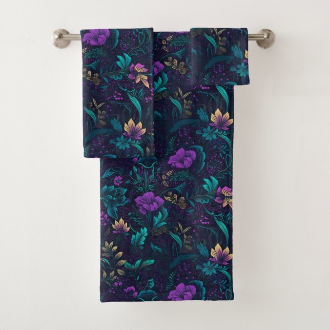 Lila Blüten und Aquamarine Blätter Badhandtuch Set (Insitu)