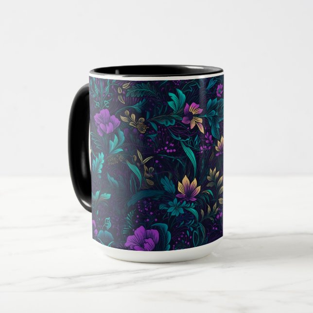Lila Blüten und Aquamarine Blätter Tasse (Vorderseite Links)
