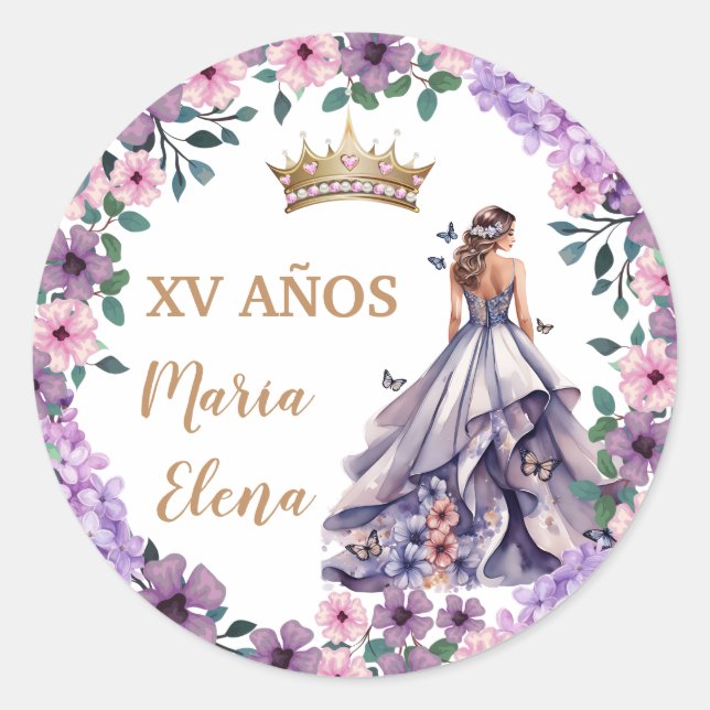 Lila Blüten und Schmetterlinge: Quinceañera Runder Aufkleber (Vorderseite)