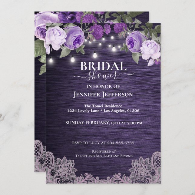 Lila Blütendusche Rustikale Brautdusche Einladung (Vorne/Hinten)
