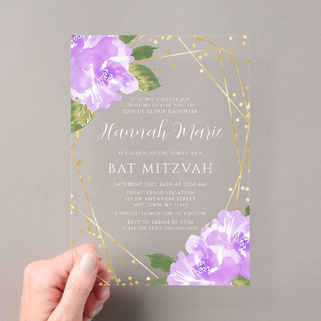 Lila Blütenfarbe Bat Mitzvah Acryleinladungen (Insitu (Handheld))