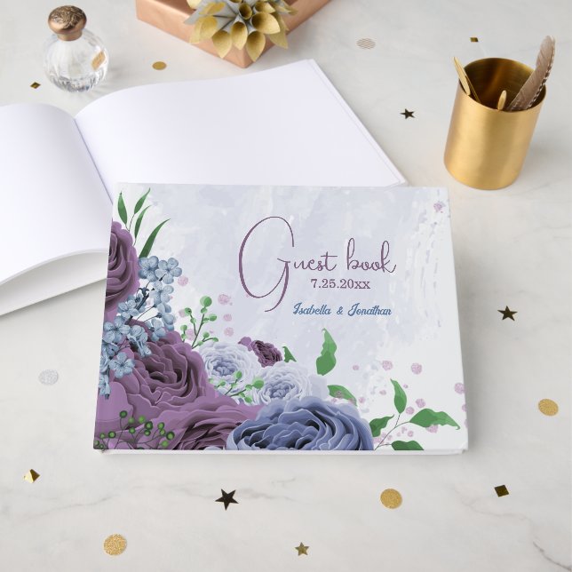 Lila Blütenhochzeit Gästebuch (Vorderseite Offen)