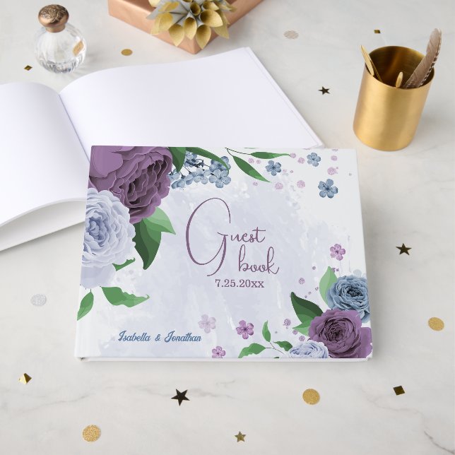 Lila Blütenhochzeit Gästebuch (Vorderseite Offen)