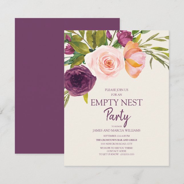 Lila Blütenrosa Floral Leere Nest Party Karte (Vorne/Hinten)