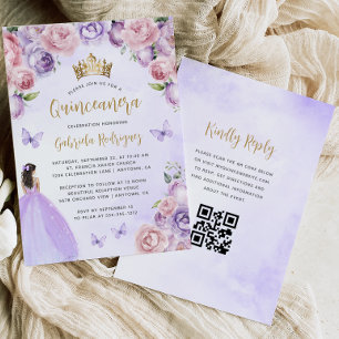 Lila Blütenschwarm Gold QR Code Quinceañera Einladung