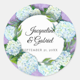 Lila Blütenweiße Hydrangea Leaf Damask Hochzeit Runder Aufkleber