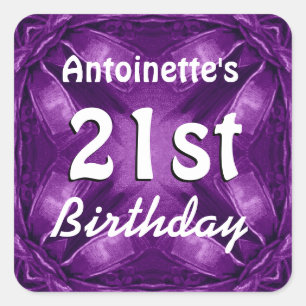 Lila Bogen-21. Geburtstags-individueller Name A02 Quadratischer Aufkleber