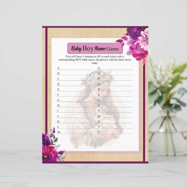 Lila Boho Baby Boy Name Game (Stehend Vorderseite)