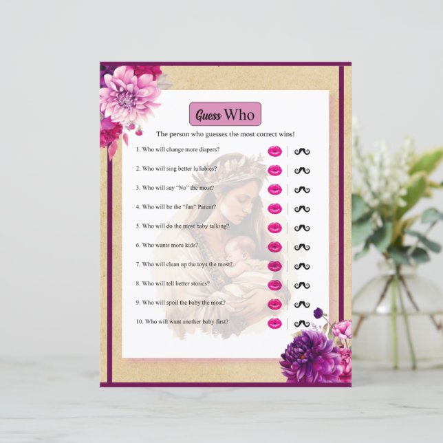 Lila Boho Baby Dusche Ratet Wer Spiel (Stehend Vorderseite)