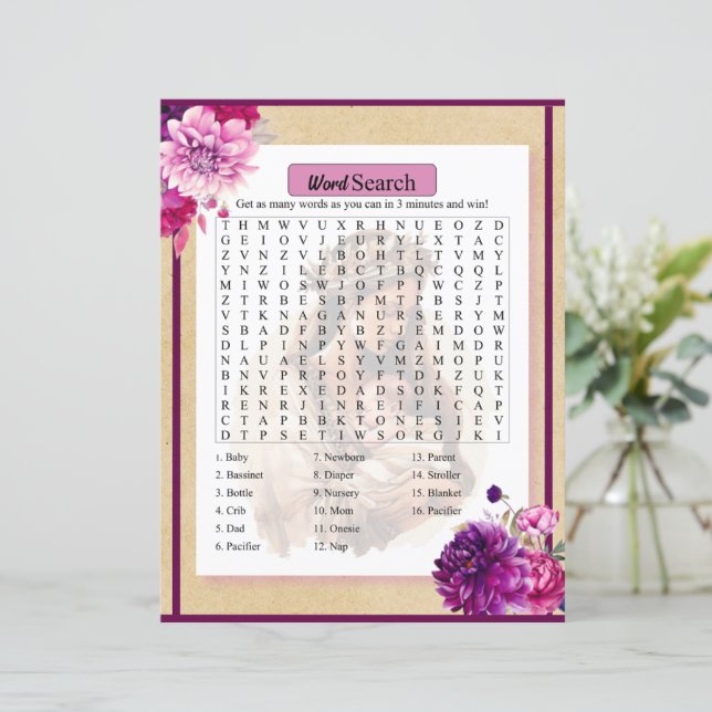 Lila Boho Baby Shooter Word Search Game (Stehend Vorderseite)