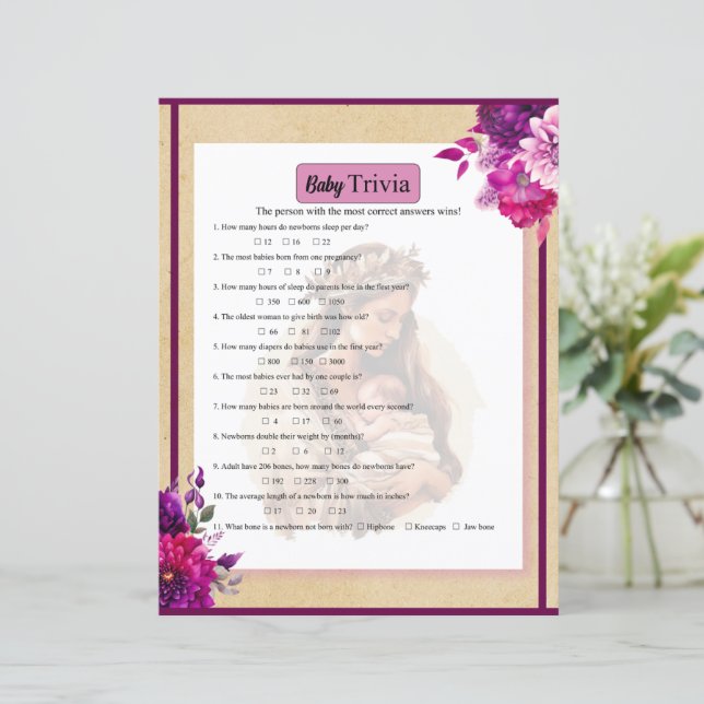 Lila Boho Baby Trivia Game (Stehend Vorderseite)