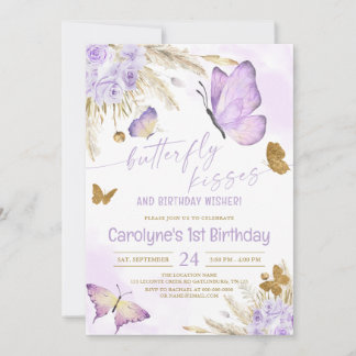 Lila Boho Butterfly Kisses und Geburtstagswünsche Einladung