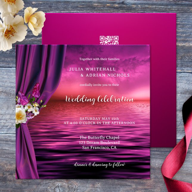 Lila Boho Chic Butterfly All-in-One-Hochzeit Einladung (Boho chic all-in-one wedding invitation showing an ocean with roses and butterflies in purple pink)