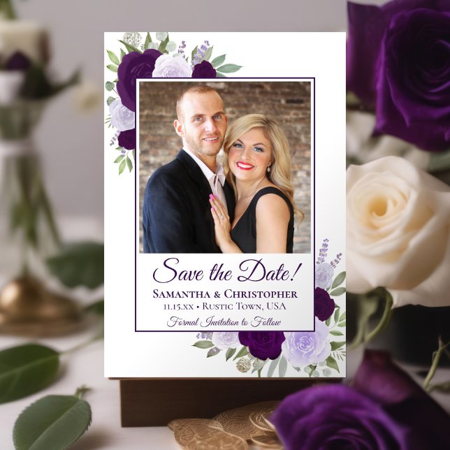 Lila Boho Chic Rose & Foto Hochzeit Save The Date (Von Creator hochgeladen)