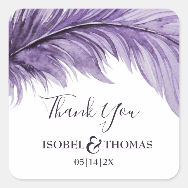 Lila Boho Feather Elegant Wedding Vielen Dank Quadratischer Aufkleber (Vorderseite)