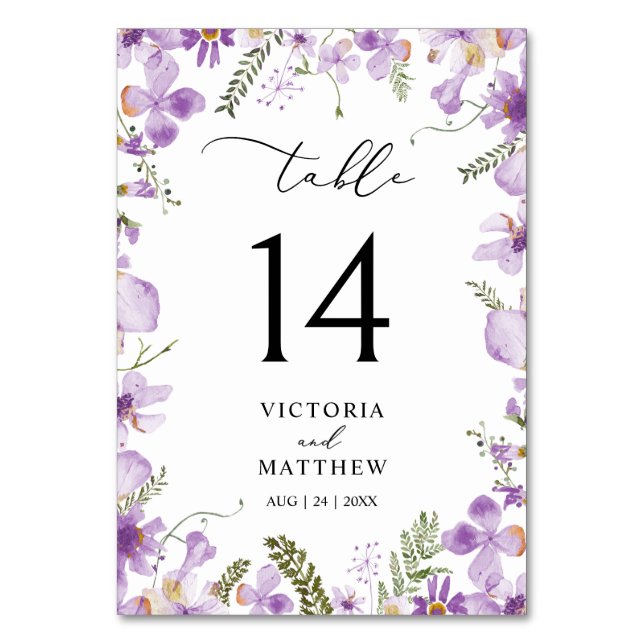 Lila Boho Floral Wedding Tischnummer (Vorderseite)