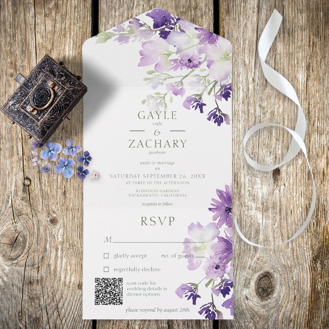 Lila Boho Floral White QR Code All In One Einladung (Von Creator hochgeladen)