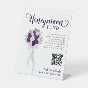 Lila Boho Rose Bouquet Honeymoon Fund QR Code Sockelschild