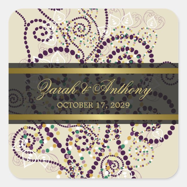 Lila Boho Spirals Elegante schicke Hochzeitskleber Quadratischer Aufkleber (Vorderseite)