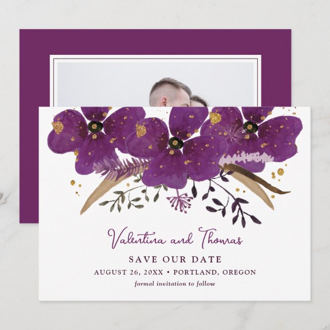 Lila Boho Wasserfarben-Blume Save the Date Einladung (Vorne/Hinten)