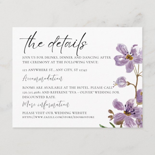 Lila Boho Wasserfarben Orchideen Hochzeitsempfang Begleitkarte (Vorderseite)