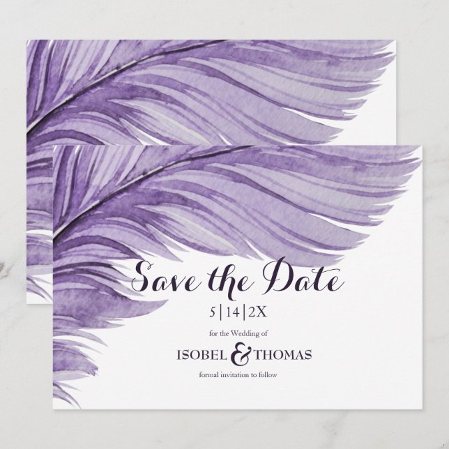 Lila Boho Watercolor Whimsical Feather Wedding Save The Date (Vorne/Hinten)
