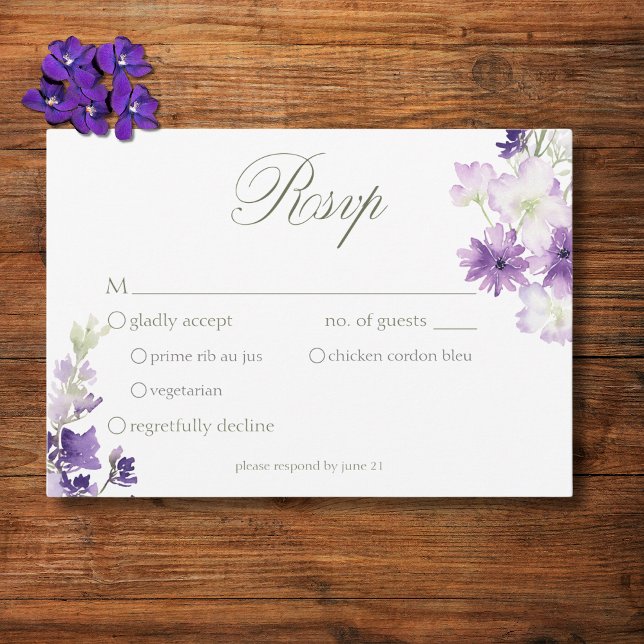 Lila Boho Wildblumen Weißes Hochzeitessen RSVP Karte (Von Creator hochgeladen)