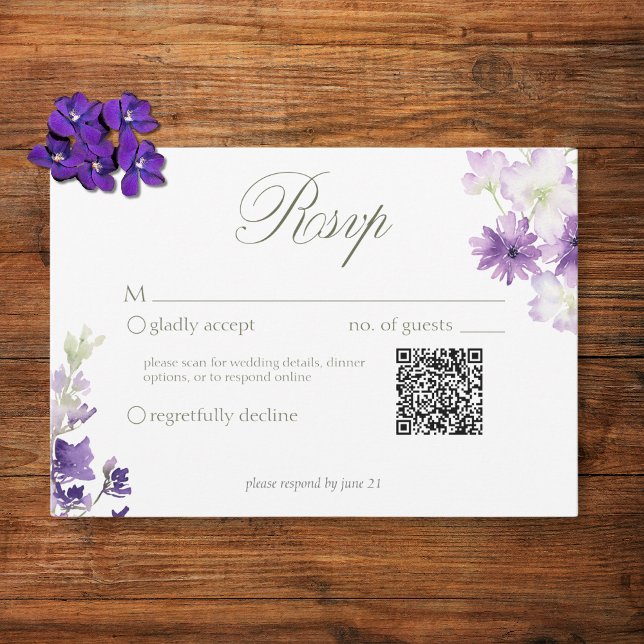 Lila Boho Wildblumen White Wedding QR RSVP Karte (Von Creator hochgeladen)