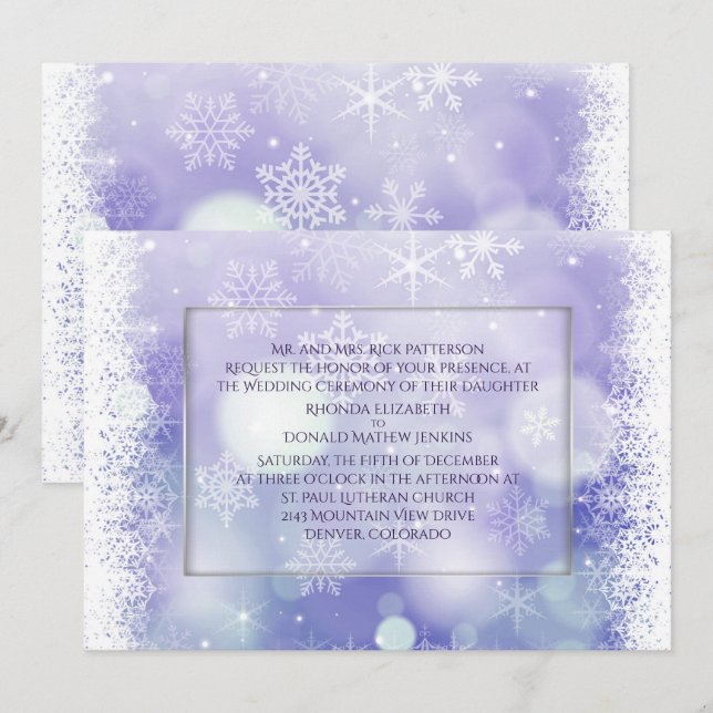 Lila Bokah Snowflakes Winterhochzeit Einladung (Vorne/Hinten)