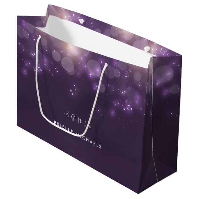 Lila Bokeh Elegant Sparkle Glühen mit Namen Große Geschenktüte (Vorderseite Schrägansicht)