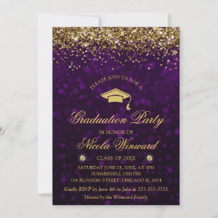 Lila Bokeh & Gold Glitter Abiturparty Einladung