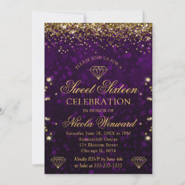 Lila Bokeh & Gold Glitzer Sweet 16 Einladung