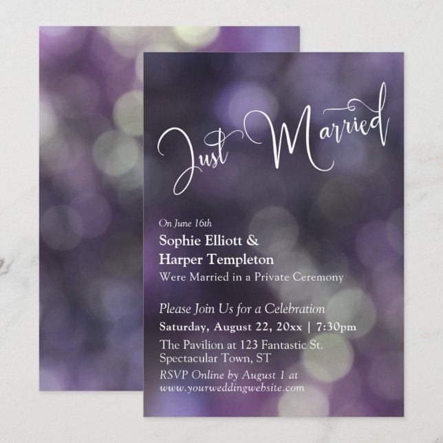 Lila Bokeh Light & "Just Married" Typografie Einladung (Vorne/Hinten)