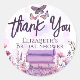 Lila Book Stack Wildblumen Butterfets Script Runder Aufkleber