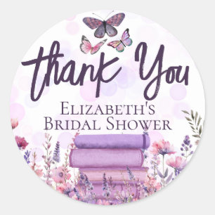 Lila Book Stack Wildblumen Butterfets Script Runder Aufkleber