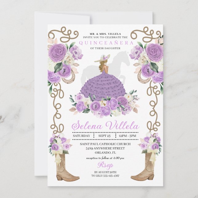 Lila Boots Rose Western Quinceañera Einladung (Vorderseite)