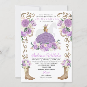 Lila Boots Rose Western Quinceañera Einladung