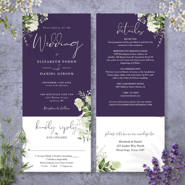 Lila botanische Flora auf einer Hochzeit Einladung (Purple Botanical Floral All In One Wedding Invitation)