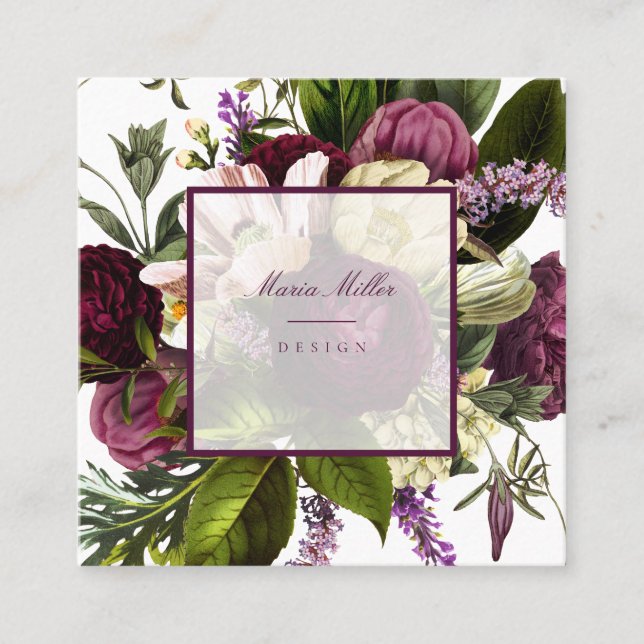 Lila Botanische Geschäftskarten mit Blumenbezug Quadratische Visitenkarte (Vorderseite)