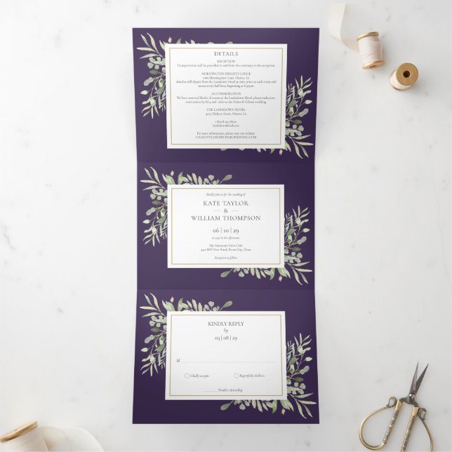 Lila botanische Grünpflanzen Blätter Foto Hochzeit Dreifach Gefaltete Einladung (Innenseite)