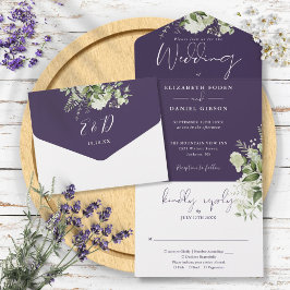 Lila Botanische Grünpflanzen-Monogramm-Hochzeit All In One Einladung